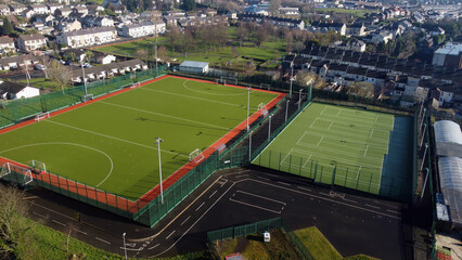 Aerial photo of the grass and 3g Playing fields at Larne Grammar School in Larne Co Antrim Northern Ireland - obrazy, fototapety, plakaty