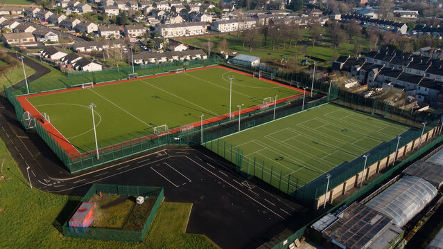 Aerial photo of the grass and 3g Playing fields at Larne Grammar School in Larne Co Antrim Northern Ireland