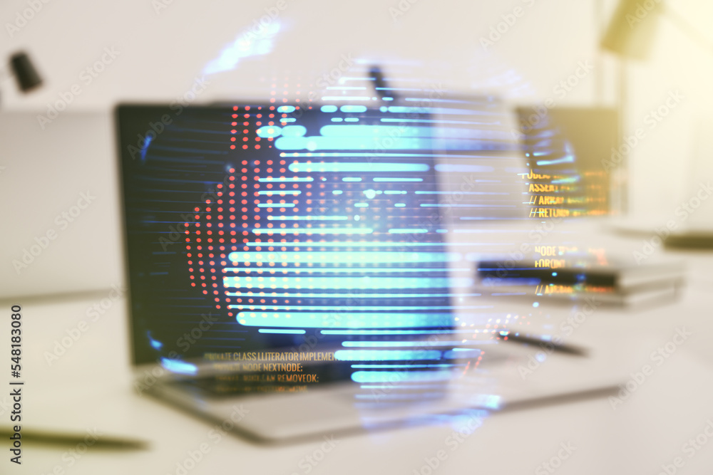 Poster multi exposure of abstract creative coding sketch with world map on modern laptop background, artifi