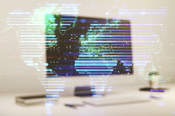 Double exposure of abstract digital world map on computer background, big data and blockchain concept