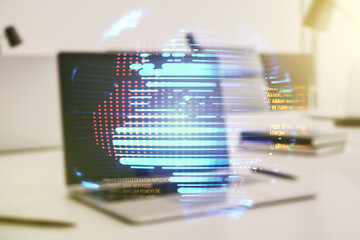 Multi exposure of abstract creative coding sketch with world map on modern laptop background, artificial intelligence and neural networks concept