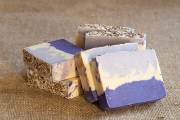 Handmade Soap closeup. Natural Soap making. Soap bars closeup. Spa treatments, skin care concept