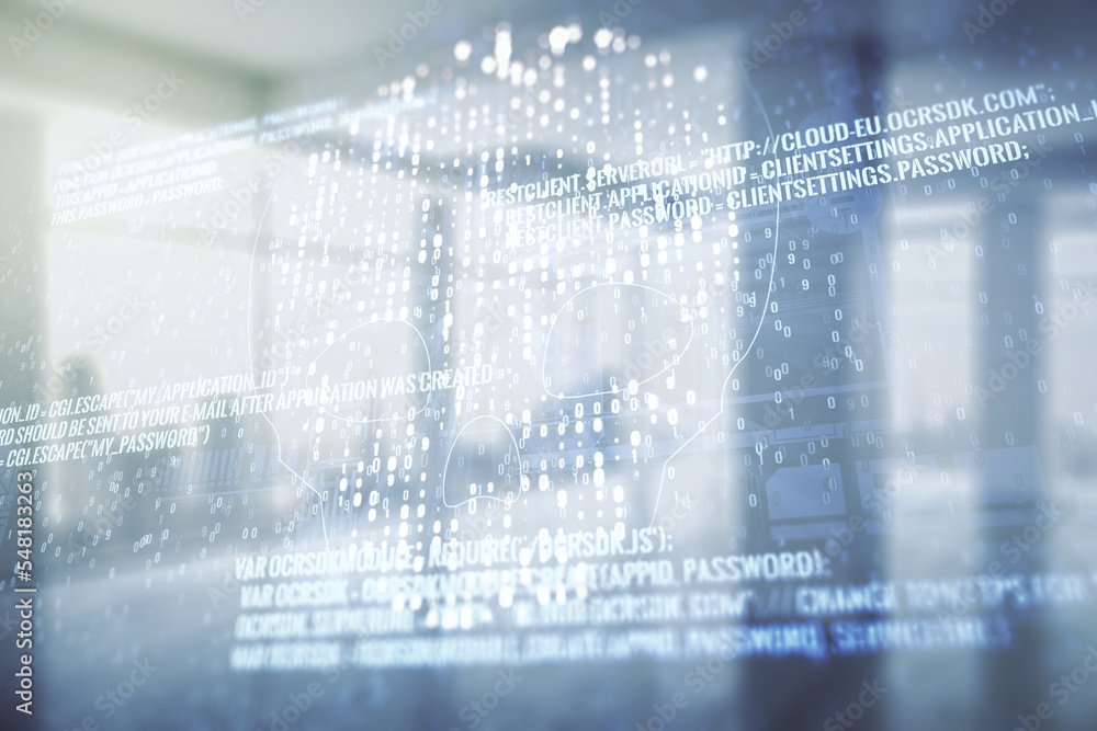 Poster abstract virtual code skull hologram on modern interior background, cybercrime and hacking concept. 