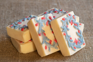 Handmade Soap closeup. Natural Soap making. Soap bars closeup. Spa treatments, skin care concept