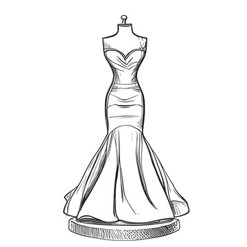 Evening or Wedding dress on a mannequin hand drawn sketch Fashion Vector illustration.