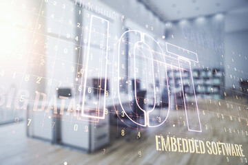 Creative IOT illustration on a modern furnished classroom background, future technology concept. Multiexposure