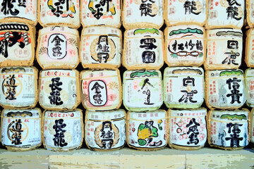illustration barrels of sake in Kyoto, Japan