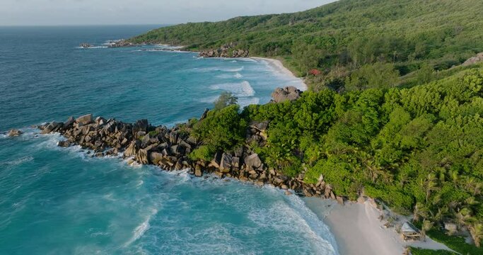 Aerial fly over view of Grand Anse beach, La Digue,Seychelles
