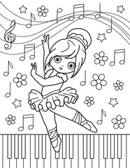 Cute ballerina, piano and notes. Coloring book with ballerina. Dancing. Black and white vector illustration.