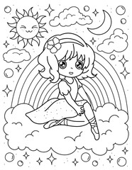 A cute ballerina sits on a cloud with a rainbow. Coloring book with ballerina. Dancing. Black and white vector illustration.