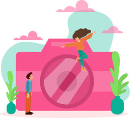 Huge camera and tiny people taking pictures. Pictures of landscapes flat vector illustration. Photography, class concept for banner, website design or landing web page
