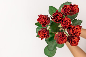 Bouquet of red roses in female hands on a white background, top view.