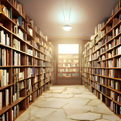図書館、書店、本がたくさん並んだ棚