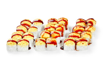 Three types of baked uramaki rolls with melted cheese and unagi sauce