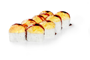 Warm uramaki rolls with crabmeat, melted cheese and unagi sauce