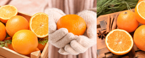 Collage with sweet tangerines and oranges
