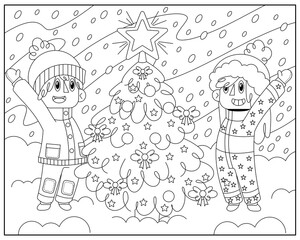 Christmas coloring book. coloring page children and Christmas tree. Santa Claus. children's coloring book.