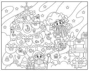 Fototapeta premium Christmas coloring book. Coloring book with Santa Claus and Christmas tree. Santa Claus. children's coloring book.