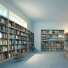 図書館、書店、本がたくさん並んだ棚