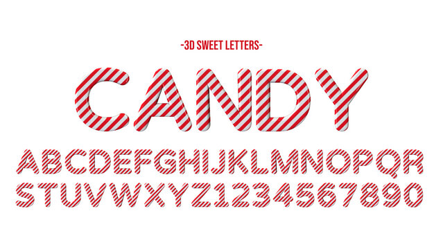 3d candy cane font, letters and numbers. Sweet striped alphabet elements, isolated background.