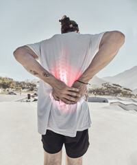 Man, skater and back pain, red injury and accident at skatepark outdoor on spine, inflammation and...