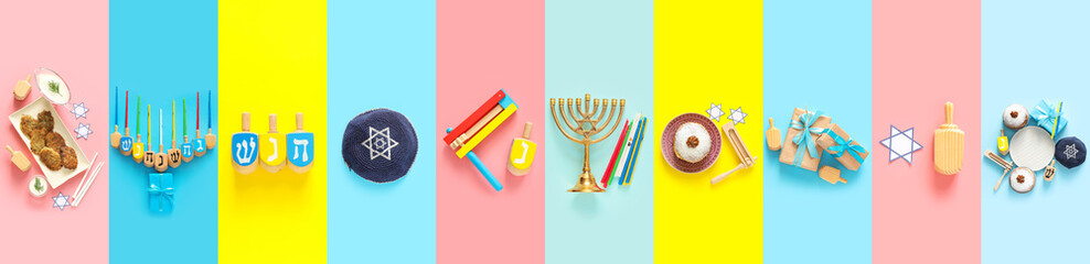 Collage with compositions for Hanukkah celebration on color background, top view