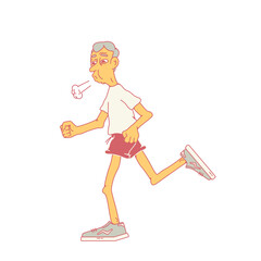 Elderly man jogging, old man doing sports for fun. Exhales wearily. Athletic man. Side view. Stock vector illustration of an elderly man, a pensioner who leads an active lifestyle.Isolated background.