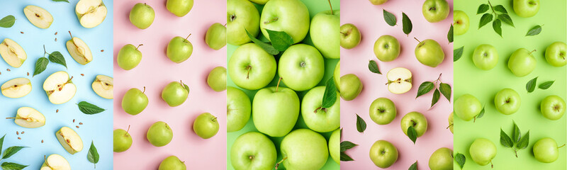 Collage with many green apples on colorful background, top view