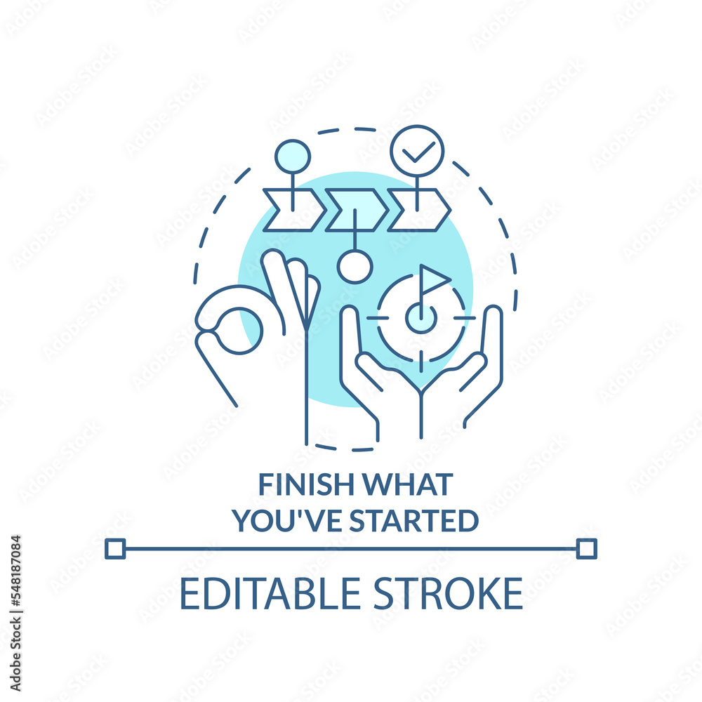 Poster finish what you started turquoise concept icon. breaking through creative block tip abstract idea th
