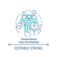 Finish what you started turquoise concept icon. Breaking through creative block tip abstract idea thin line illustration. Isolated outline drawing. Editable stroke. Arial, Myriad Pro-Bold fonts used