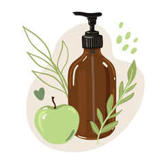 Beauty product vector illustration. Brown glass pump bottle with apple and abstract floral elements.  - 548187095