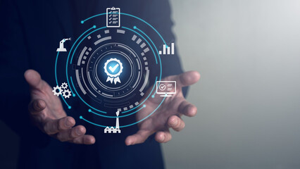 Businessman show thumbs up with icon that show top service quality standard in business or industrial ISO certification. Quality assurance formal concept in organization.