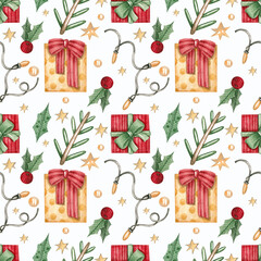 Seamless pattern with red and yellow Christmas gifts on a white background. Watercolor illustration. Print on fabric and wrapping paper. Holiday. New Year. Snow. Art. Design. Spruce. Garland.