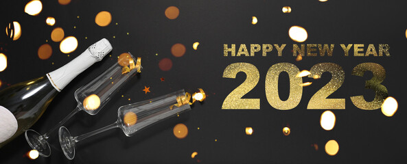 New Year banner with bottle of champagne and glasses on dark background