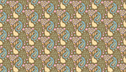 Illustration modern animal Little Rabbit outline paisley folk tribal traditional ribbon cute and flower background