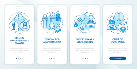 Fototapeta na wymiar Upper limit problem blue onboarding mobile app screen. Walkthrough 4 steps editable graphic instructions with linear concepts. UI, UX, GUI template. Myriad Pro-Bold, Regular fonts used