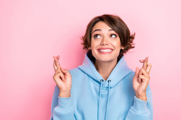 Closeup photo of young attractive nice perfect woman toothy smile please wish dreamy look empty...
