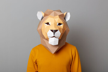 Indoor shot of man wearing orange sweater and lion paper mask standing isolated over gray...