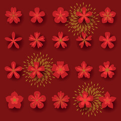 Red flowers set. Sakura flowers collection of symbol, icon, sign. Cherry blossom vector illustration