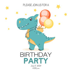 Obraz premium Birthday invitation card with dinosaur. Vector illustration.