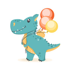 Cute dinosaur with balloons. Cartoon vector illustration.