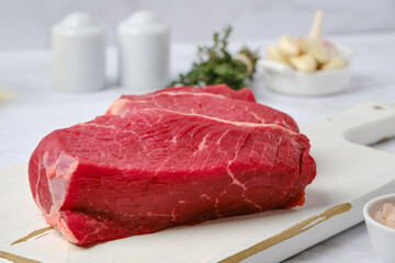 Closeup view of raw top side beef steak