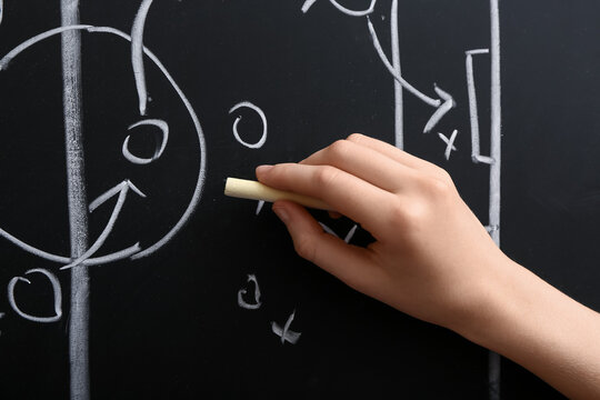 Woman drawing scheme of soccer game on blackboard
