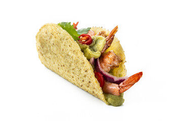 Mexican tacos with shrimp,guacamole and vegetables isolated on white background