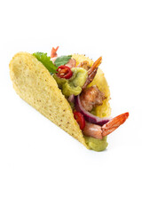 Mexican tacos with shrimp,guacamole and vegetables isolated on white background