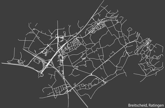 Detailed negative navigation white lines urban street roads map of the BREITSCHEID MUNICIPALITY of the German regional capital city of Ratingen, Germany on dark gray background