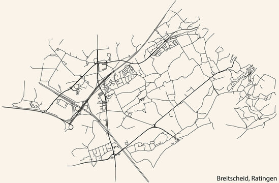 Detailed navigation black lines urban street roads map of the BREITSCHEID MUNICIPALITY of the German regional capital city of Ratingen, Germany on vintage beige background