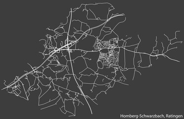 Detailed negative navigation white lines urban street roads map of the HOMBERG-SCHWARZBACH MUNICIPALITY of the German regional capital city of Ratingen, Germany on dark gray background