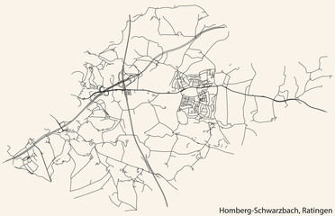 Detailed navigation black lines urban street roads map of the HOMBERG-SCHWARZBACH MUNICIPALITY of the German regional capital city of Ratingen, Germany on vintage beige background