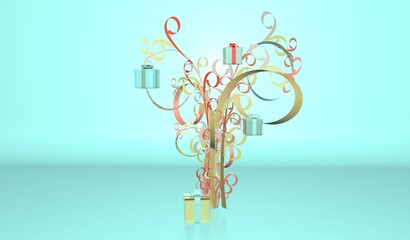 3d rendering. Abstract fabulous tree or plant patterns. Boxes of gifts hang on the branches of the bush. Decorative holiday background. Congratulations or discounts. - 548189618